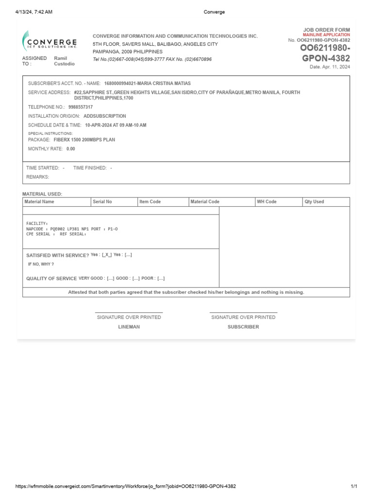 Job Order Form for FiberX Installation | PDF | Telephony | Computing