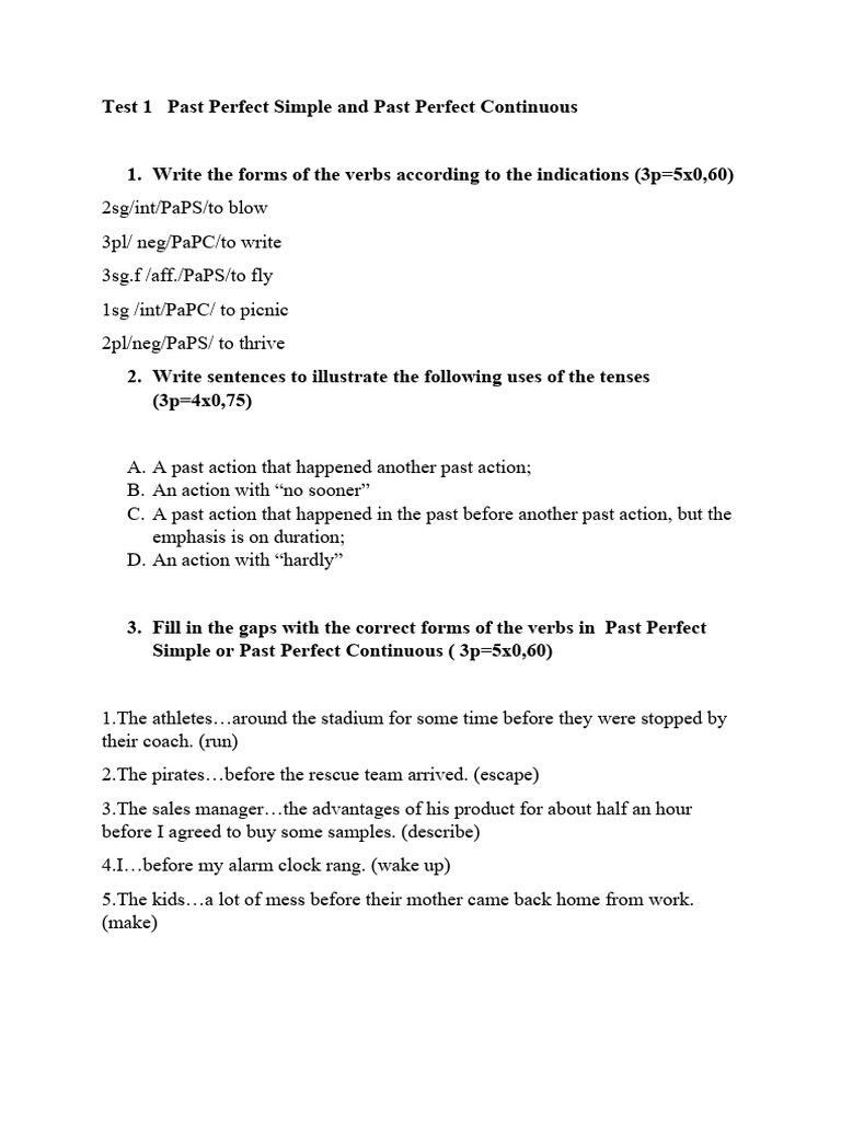 Test 1 Past Perfect Simple and Past Perfect Continuous 10g | PDF