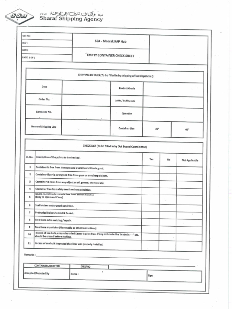 Empty Container Check List. | PDF