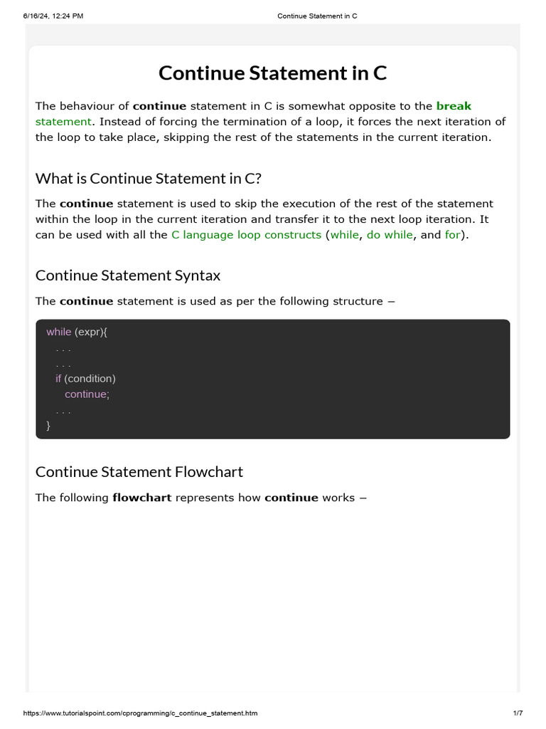Continue Statement in C | PDF | Control Flow | Computer Engineering