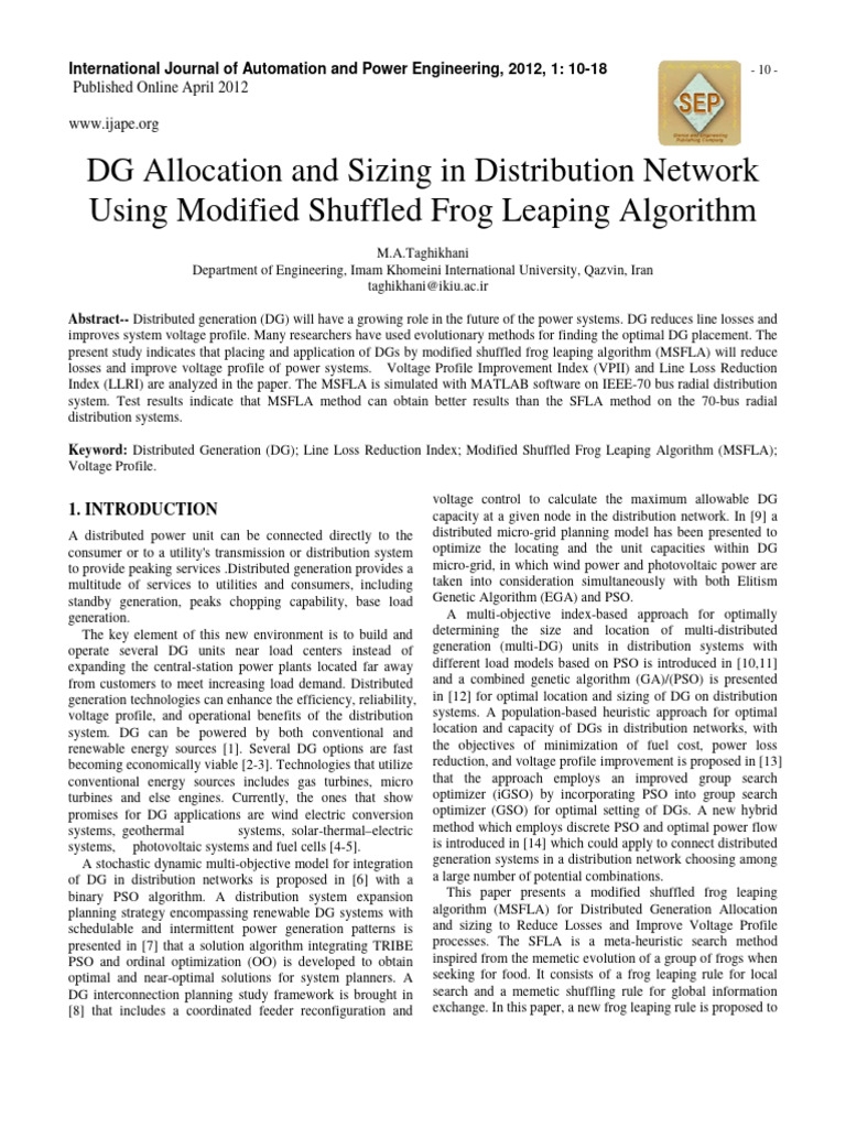 DG Sizing via Modified Frog Leaping | PDF | Mathematical Optimization ...