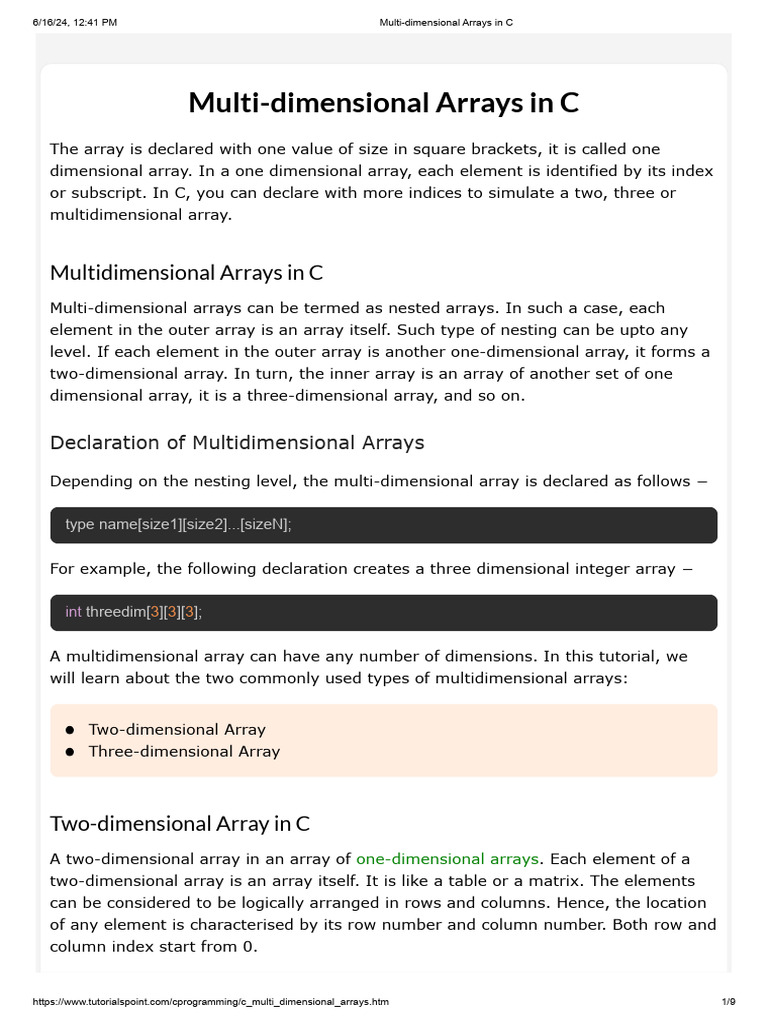 Multi-Dimensional Arrays in C | PDF | Software Engineering | Data ...