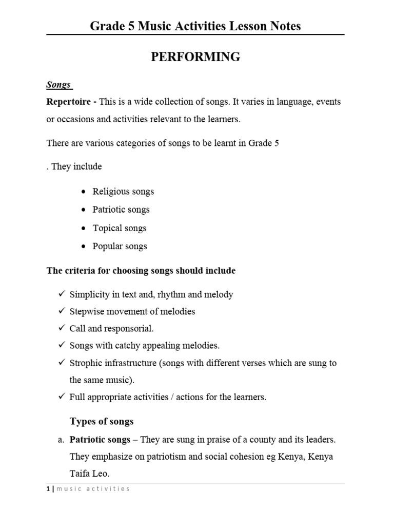 Grade 5 music activities notes download free pdf songs recorder