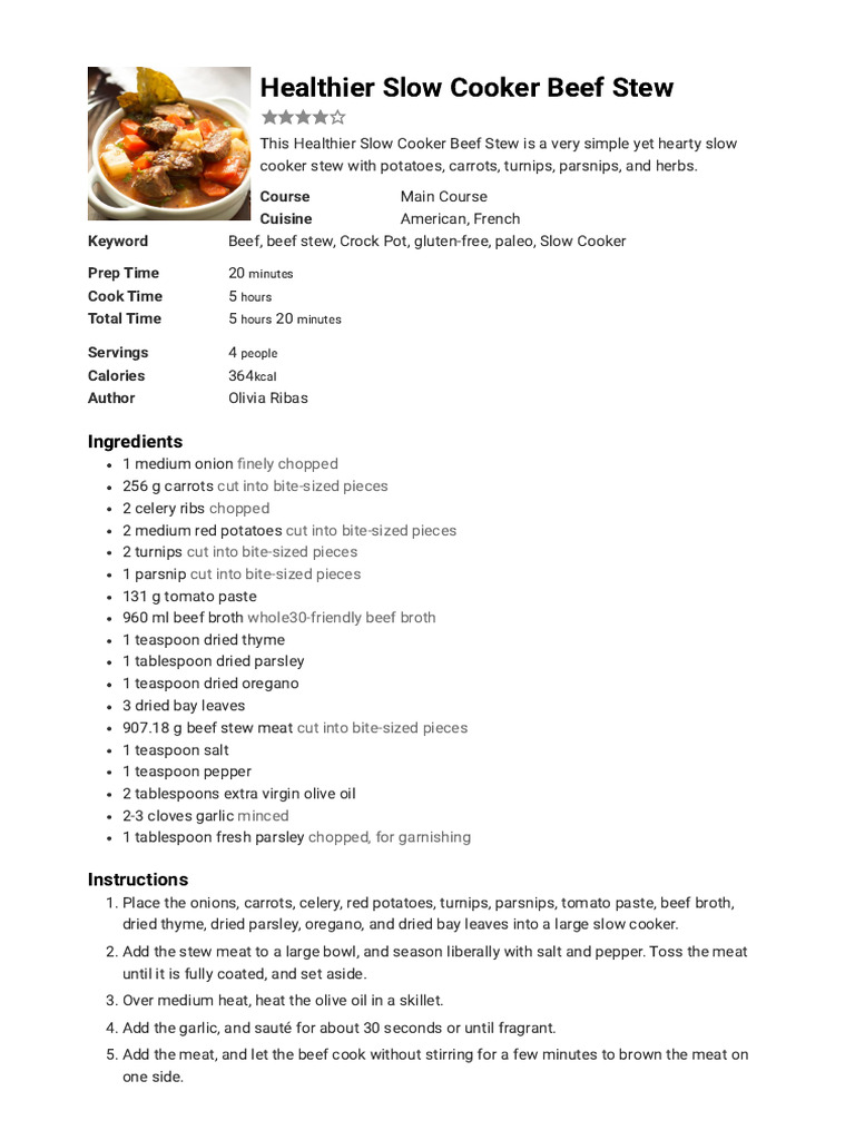 Healthy Slow Cooker Beef Stew Recipe | PDF | Slow Cooker | Parsley