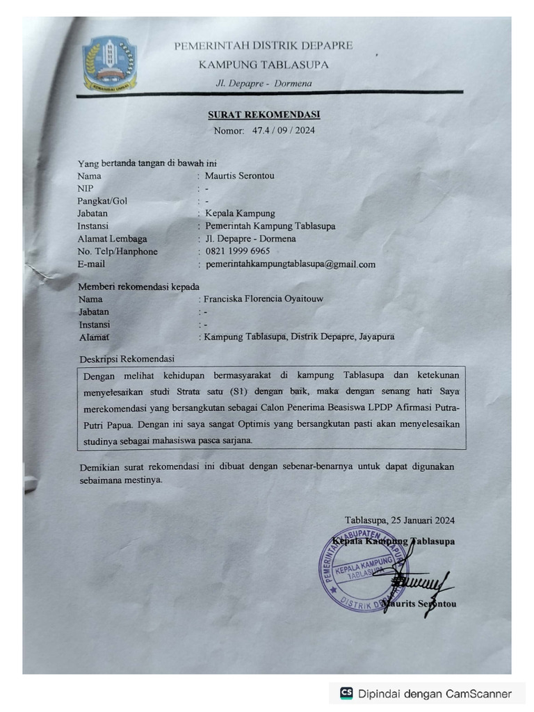 Surat Rekomendasi Kampung | PDF