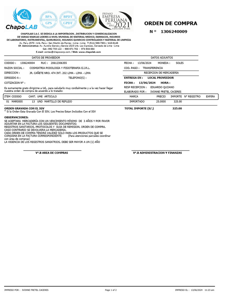oRDEN DE COMPRA | PDF | Pagos | Business