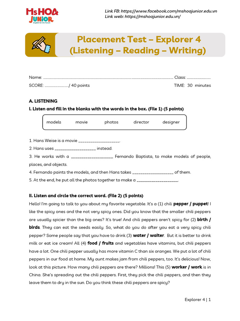 Explorer 4 - Placement Test - LRW | PDF | Chili Pepper