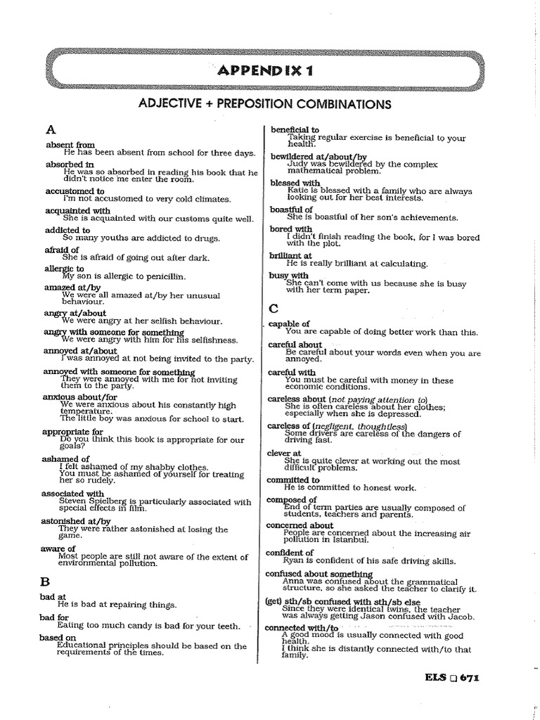 Els Adj + Prep Combinations List | PDF
