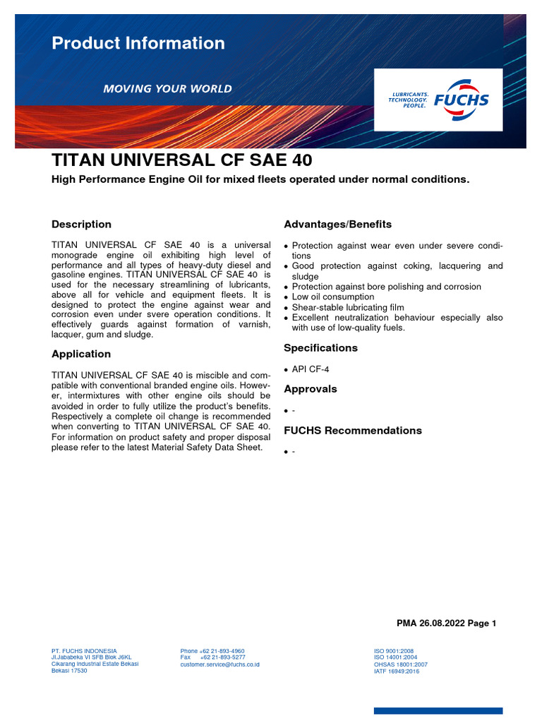TITAN UNIVERSAL CF SAE 40 Engine Oil | PDF | Motor Oil