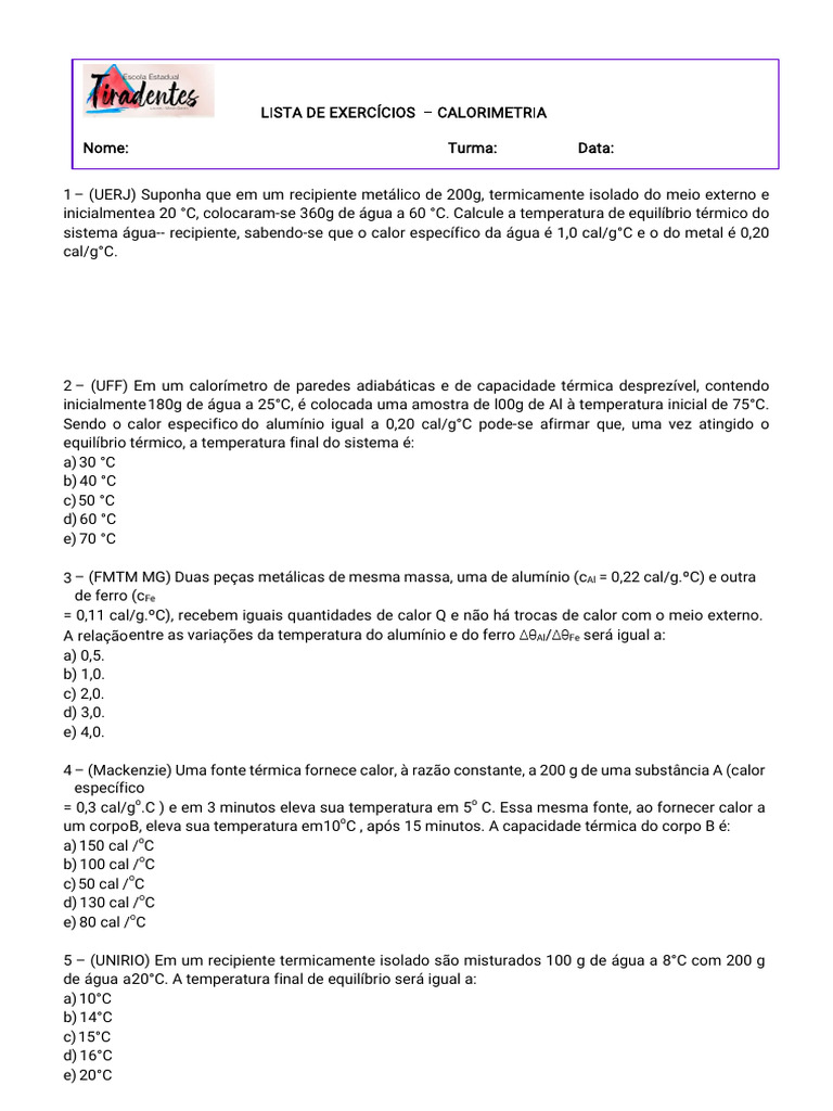 Exercícios de Calorimetria e Equilíbrio Térmico | PDF | Calor ...