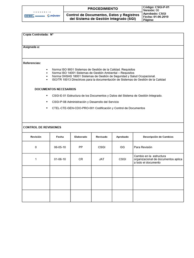 Csgi P 01 Control Docum Y Datos Del Sgi Descargar Gratis Pdf
