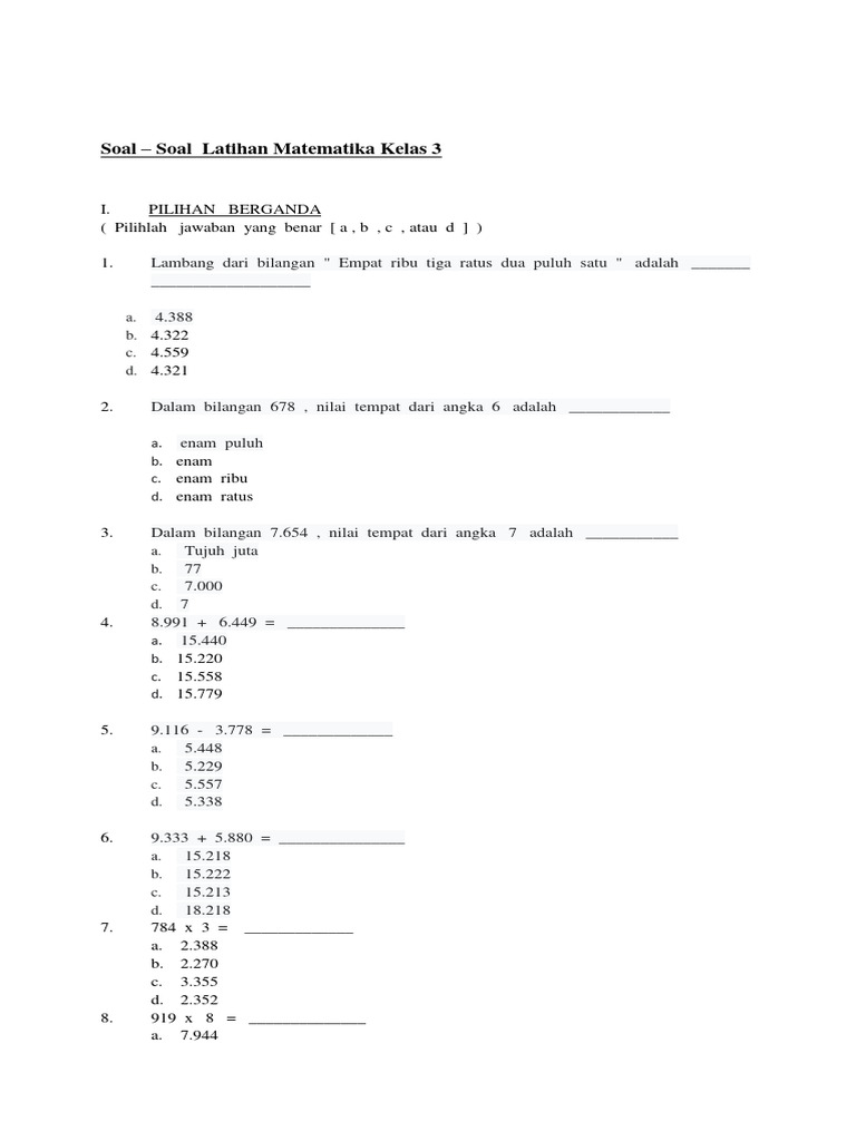 Soal Latihan Matematika Kelas 3 | PDF | Metode & Bahan Ajar