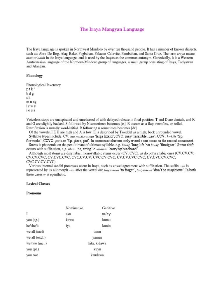Overview of Iraya Mangyan Language | PDF | Syllable | Phonology