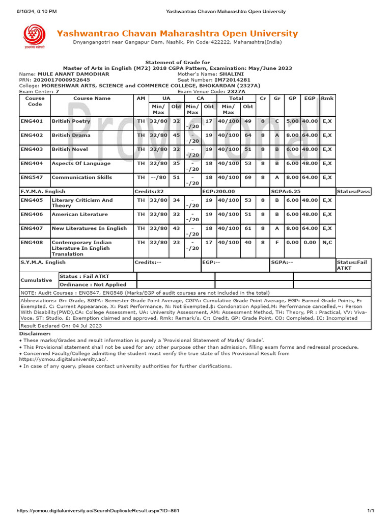 MA English Grade Statement 2023 | PDF