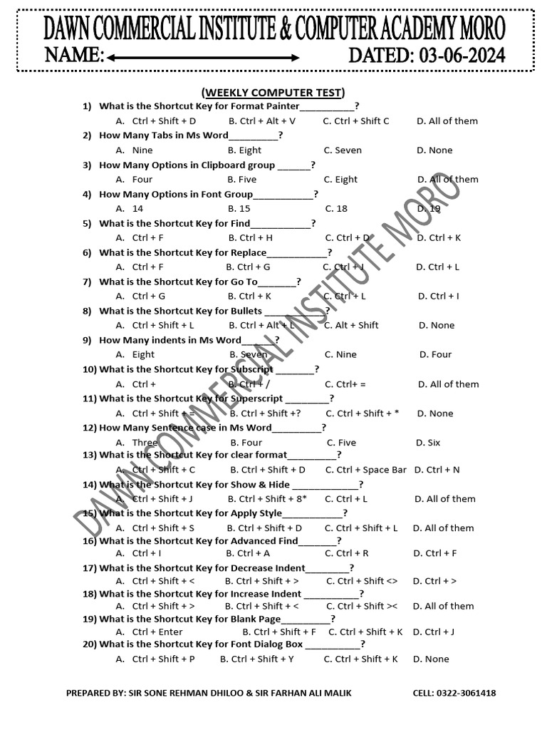 Computer test download free pdf keyboard shortcut control key
