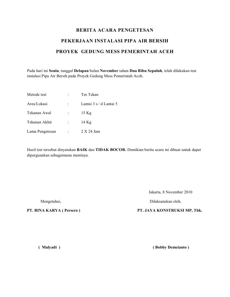 Berita Acara Pengetesan Air Bersih 2010