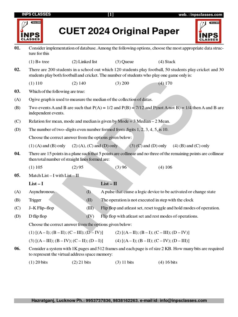 CUET 2024 Mathematics Question Paper | PDF | Determinant | Matrix ...