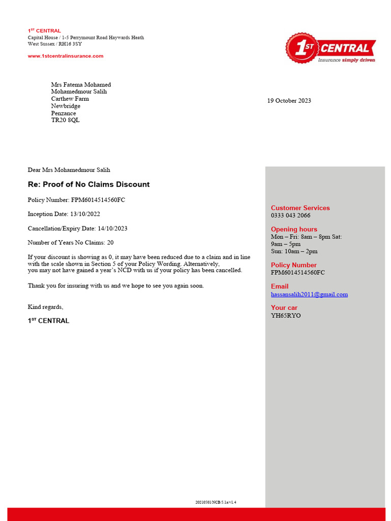 No Claims Discount Proof Letter | PDF