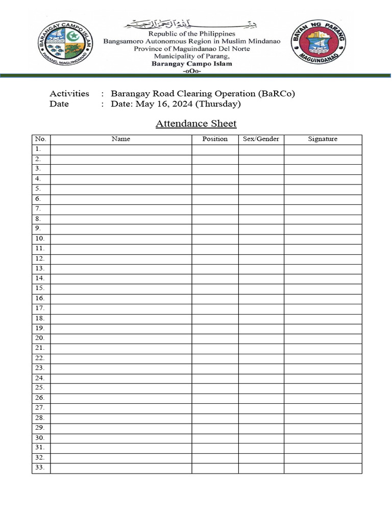 Barangay Road Clearing Attendance Sheet | PDF | Games & Activities