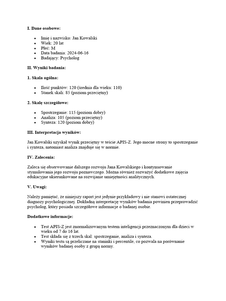APIS Z Przykład Raportu | PDF