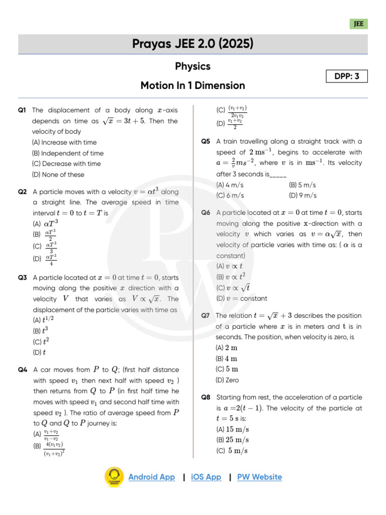 Prayas jee 2 0 2025 physics motion in 1 dimension pdf velocity