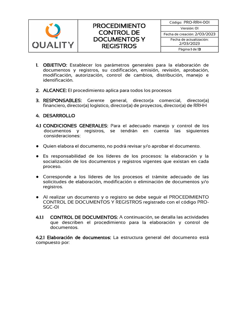 1 PRO-RRH-001 Procedimiento control de documentos y registros ...