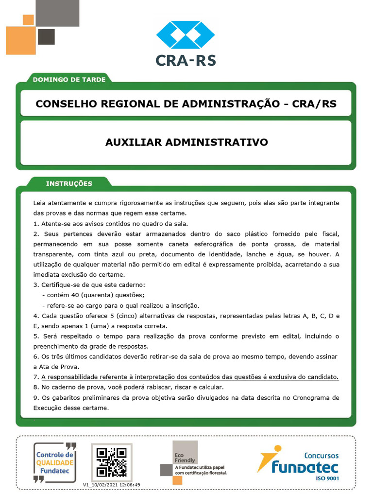 Fundatec 2021 Cra Rs Auxiliar Administrativo Prova | PDF | Internet ...