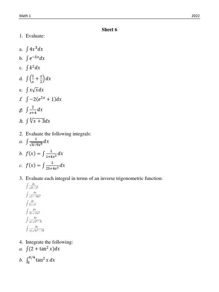 Sheet 6 Calculus 1 Sheet | PDF