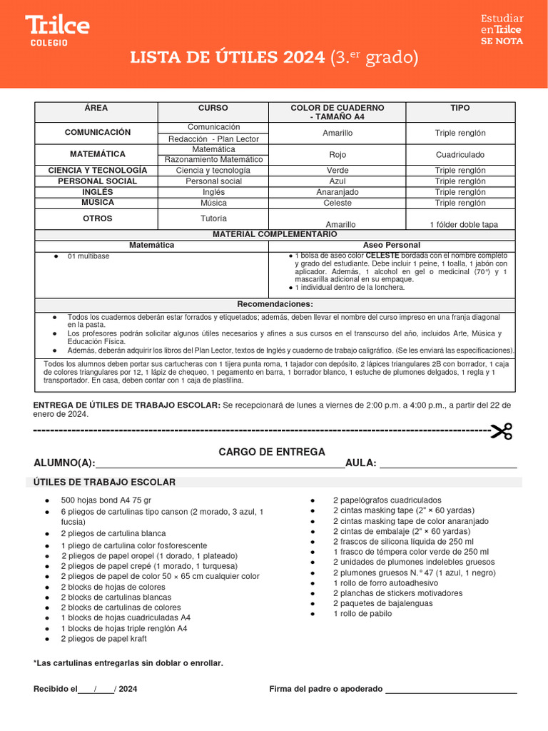 Lista de Útiles 3er Grado 2024 | PDF | Arco iris