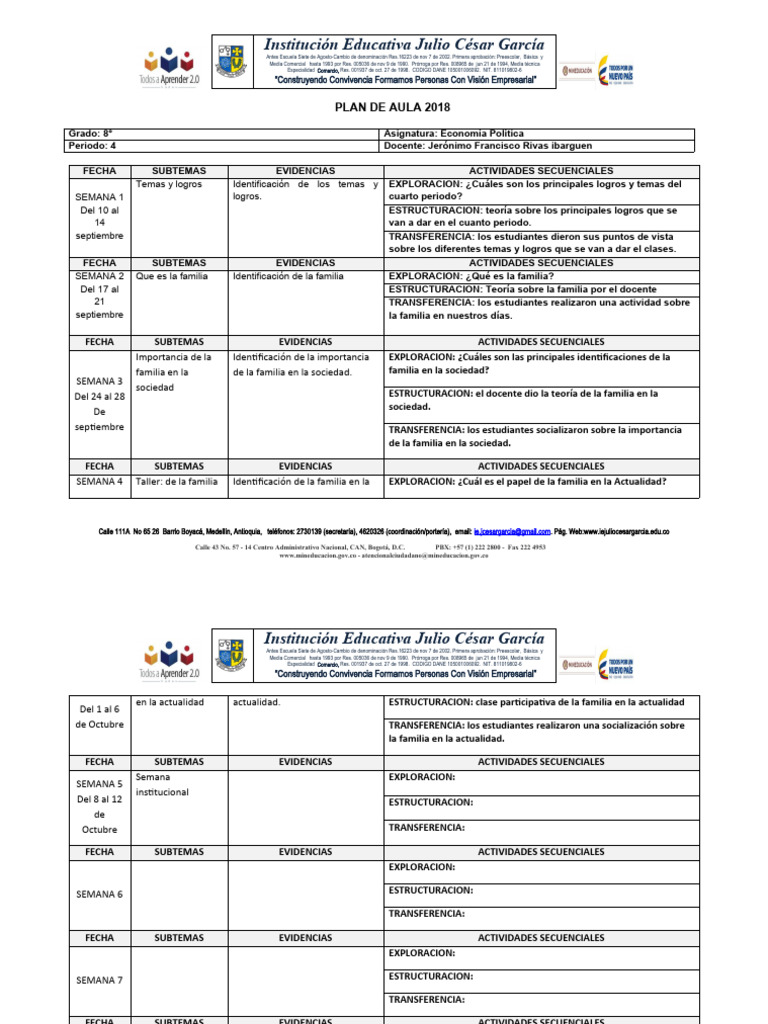 PLAN DE AULA Cuarto Periodo | PDF