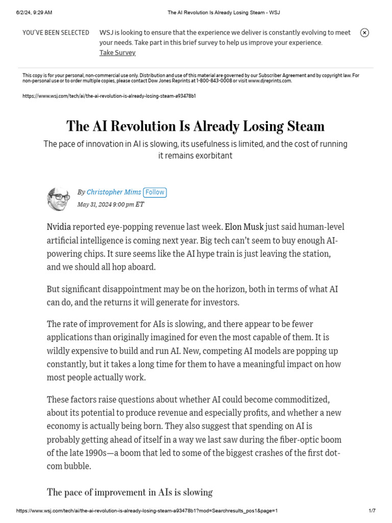 The AI Revolution Is Already Losing Steam - WSJ - 5 31 2024 | PDF ...