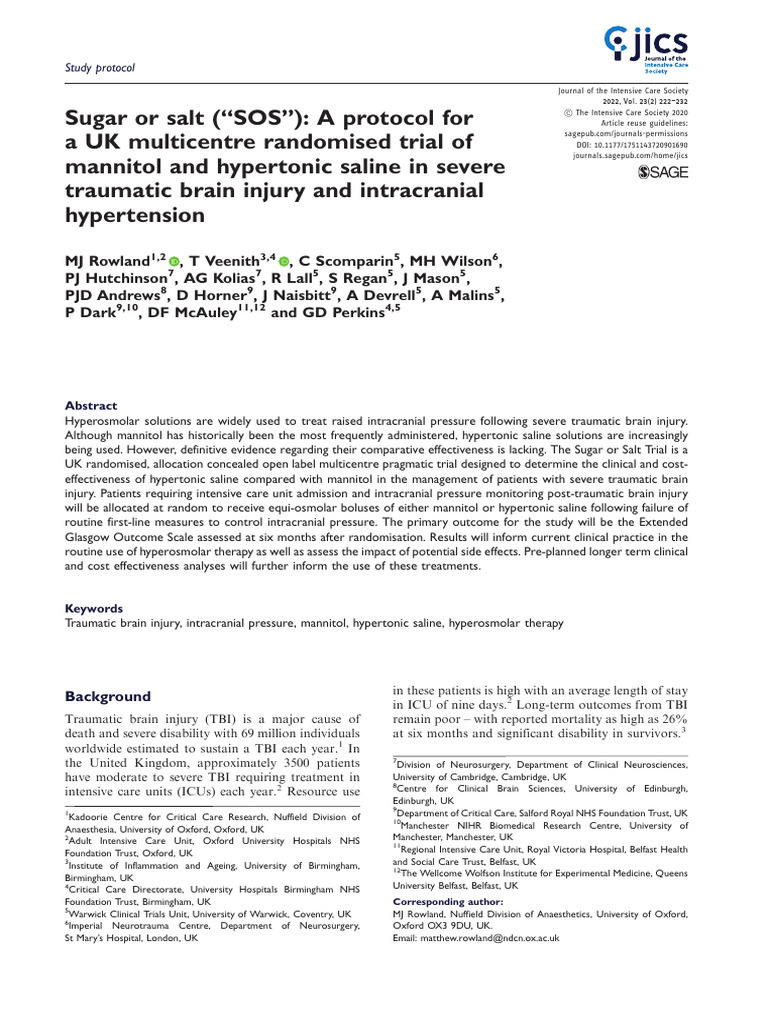 Hypertonic Saline vs Mannitol in TBI | PDF | Traumatic Brain Injury ...