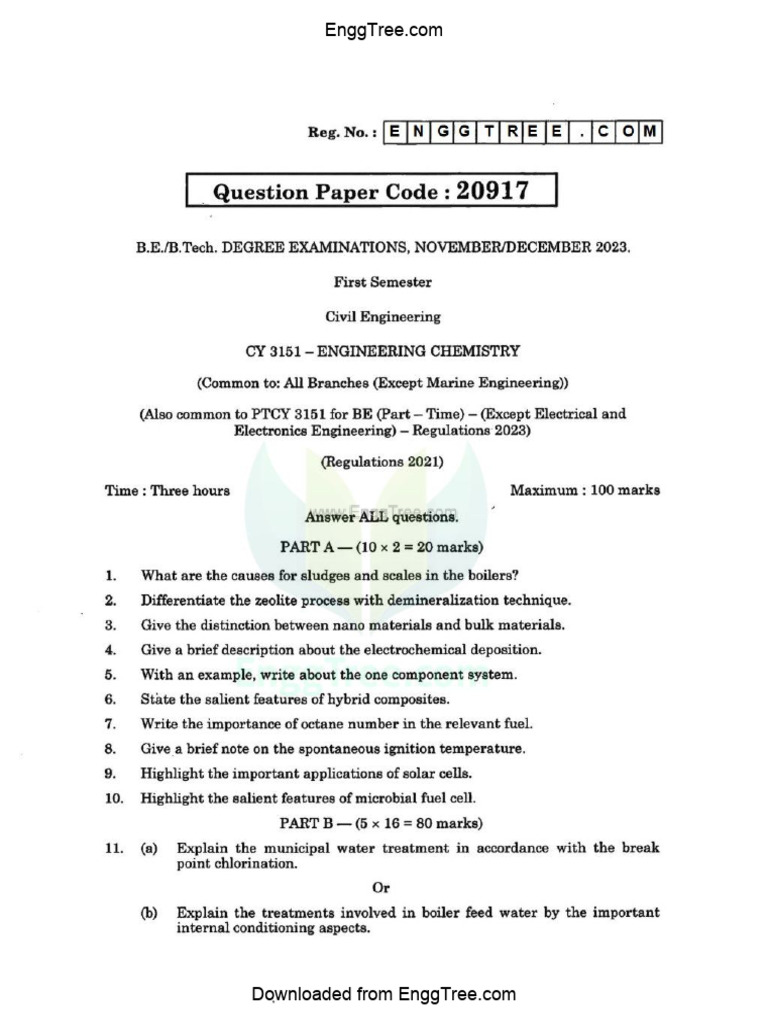 CY3151 Engineering Chemistry Nov Dec 2023 Question Paper Download | PDF