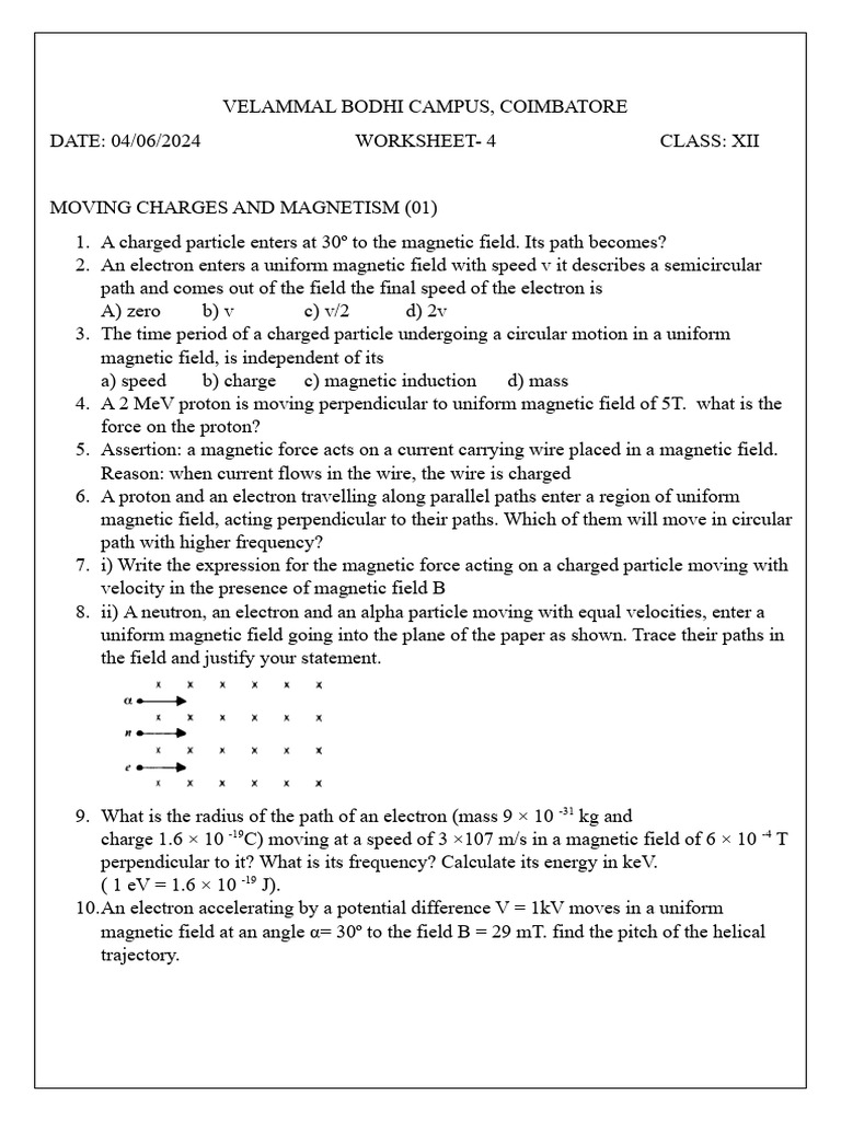 MOVING CHARGES AND MAGNETISM Worksheet 1 | PDF