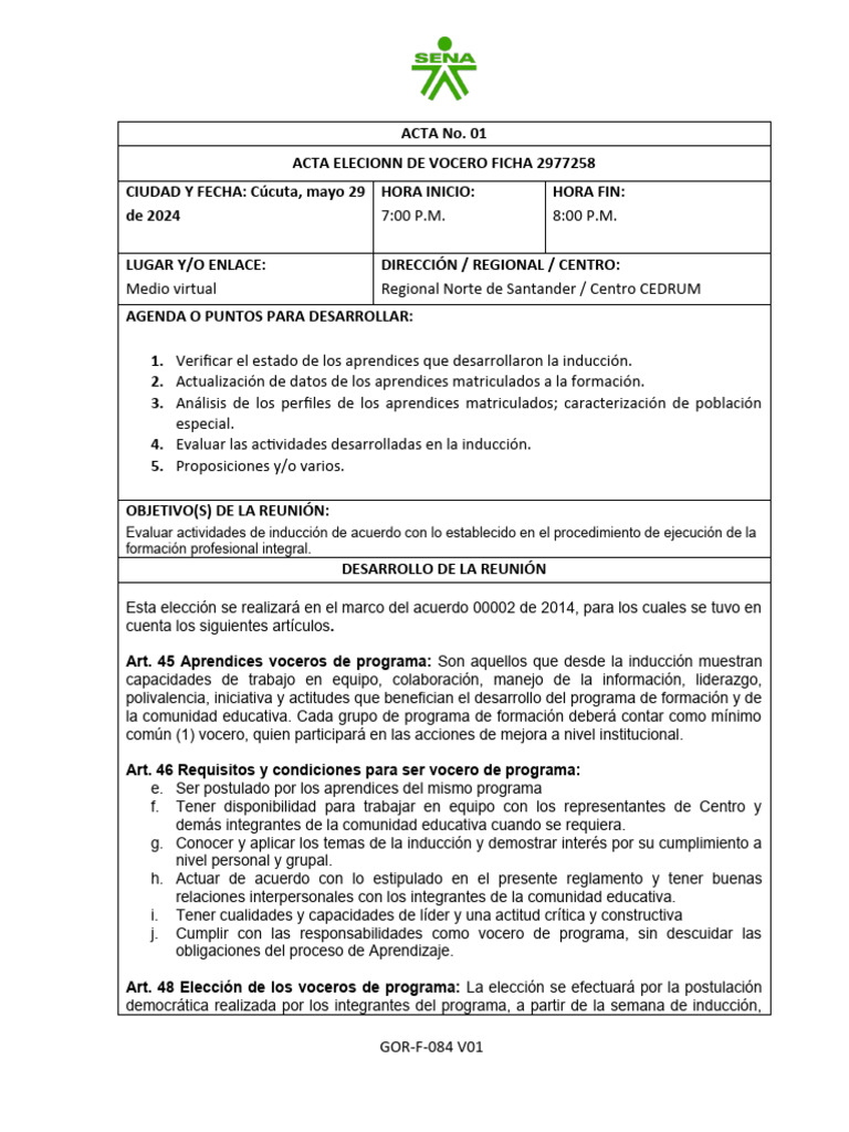 GOR-F-084 Formato de Acta Eleccion de Voceros | PDF | Quórum
