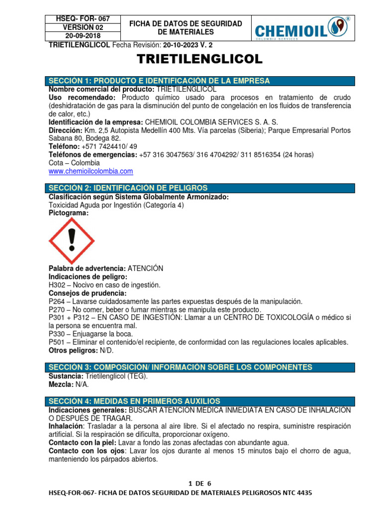 Ficha de Seguridad Trietilenglicol NTC 4435 | PDF | Agua | Residuos