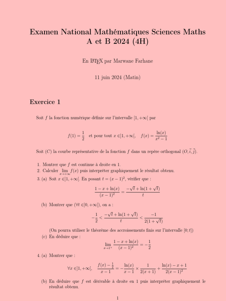 Examen National Mathématiques 2024 SM | PDF | Analyse mathématique ...