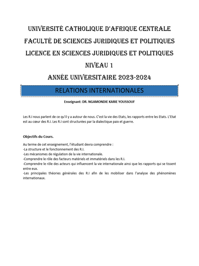 Cours de Relations Internationales 2023-2024 | PDF | Loi internationale ...