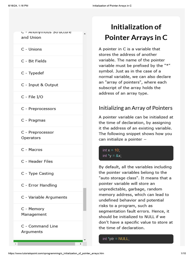 Pointer Array Initialization in C | PDF | Pointer (Computer Programming ...
