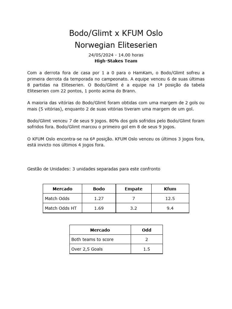 Bodo Glimt x Kfum Oslo - cenários para trading | PDF | Esportes | Futebol