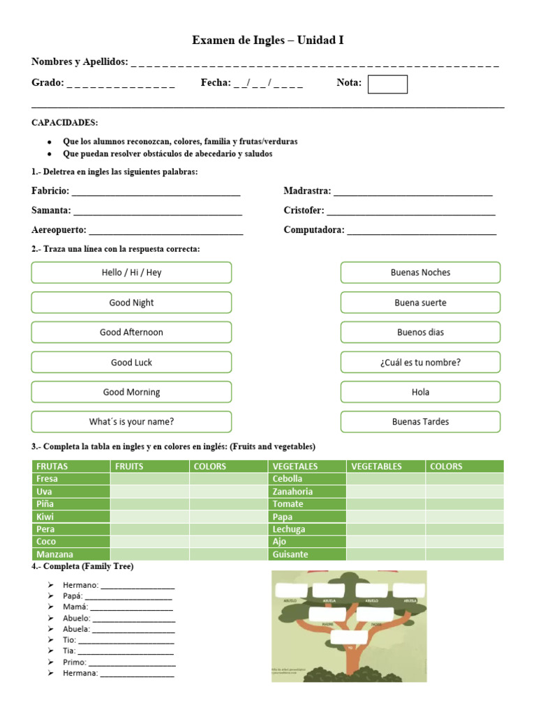 Examen de Inglés para Primaria: Unidad I | PDF | Vegetales | Agricultura