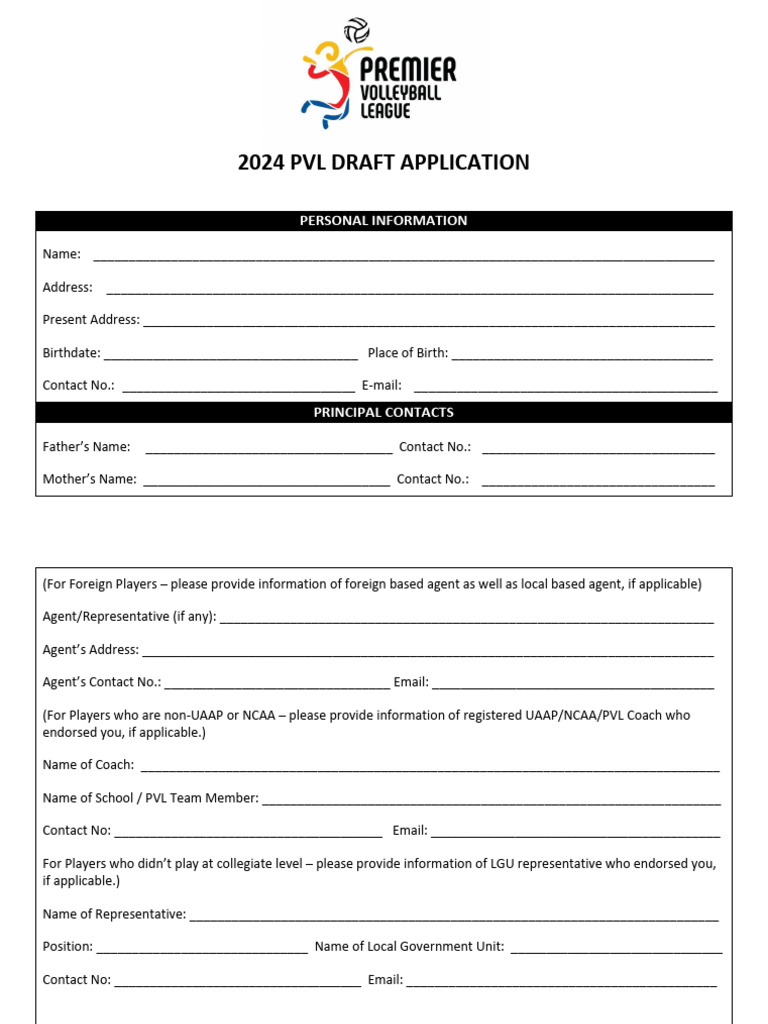PVL DRAFT Application Form 2024 | Download Free PDF | Volleyball ...