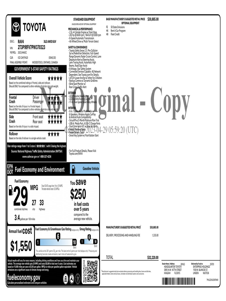 2023 Toyota RAV4 Window Sticker PDF | PDF | Land Vehicles | Car ...