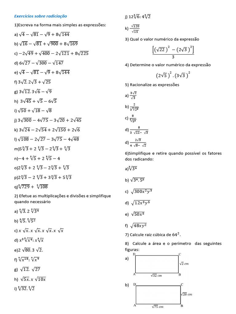 Exercícios de Radiciação e Simplificação | PDF | Matemática