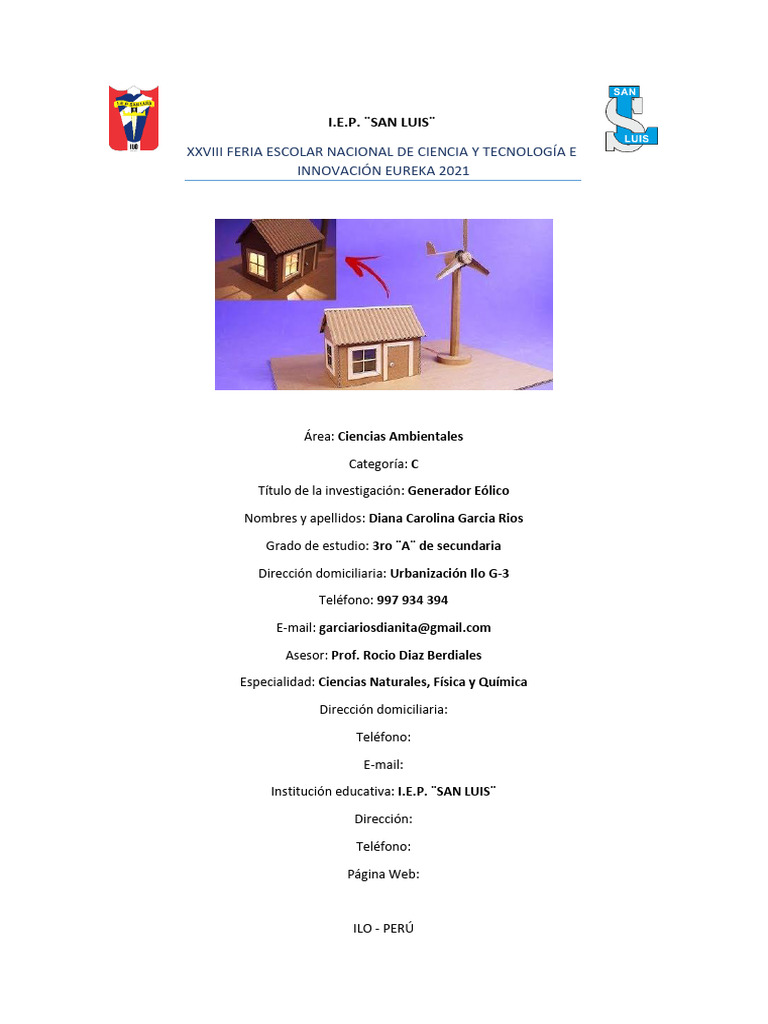 Proyecto de Generador Eólico Escolar | PDF | Energía eólica | Energía ...