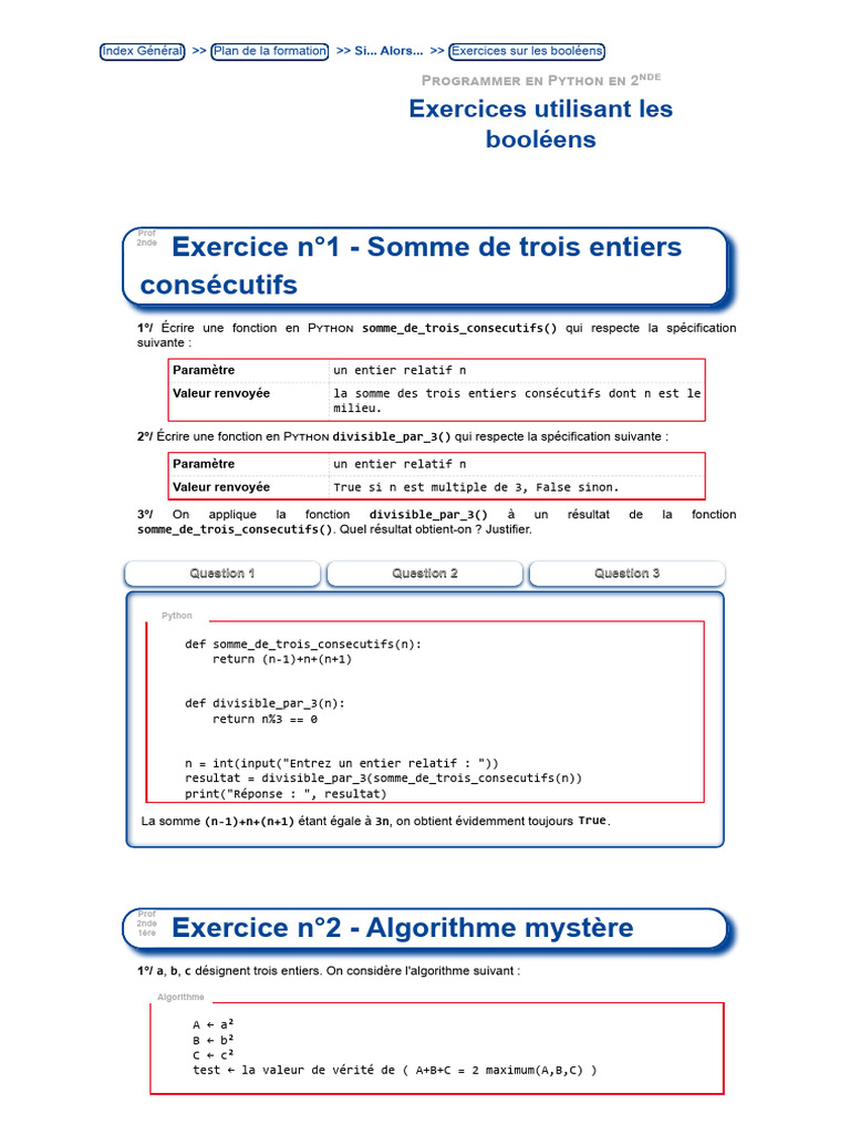 Exercices Python sur les booléens en 2nde | PDF | Python (Langage de ...