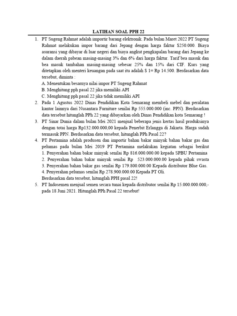 Latihan Soal PPh 22 dan 23 Terbaru | PDF | Pengelolaan Keuangan & Uang ...