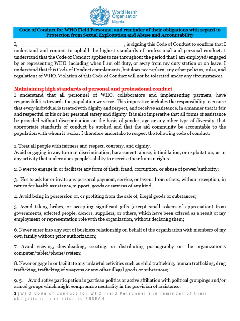 WHO Code of Conduct for Field Personnel | PDF | Sexual Harassment ...