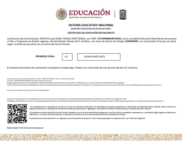 Certificado de Bachillerato SEP Puebla | PDF