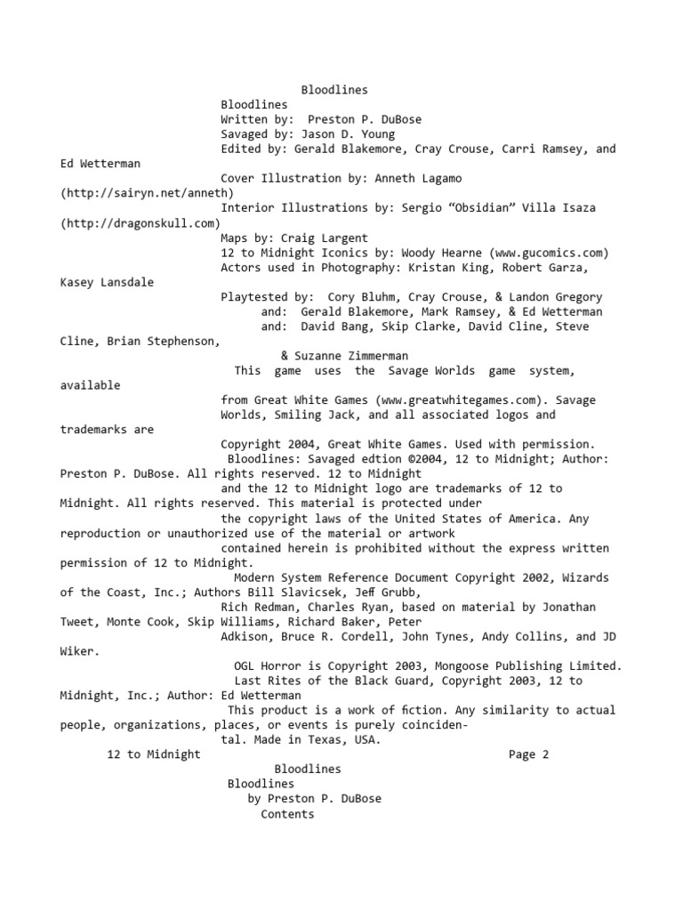 Bloodlines: A Savage Roleplaying Game | PDF | Young Adult